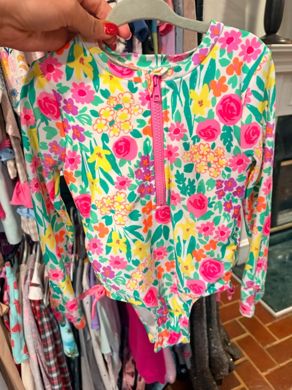 Kids Floral Long-Sleeve One-Piece Swimsuit - Pink & Yellow Floral
